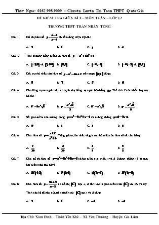 Đề kiểm tra môn Toán Lớp 12 - Học kì I - Trường THPT Trần Nhân Tông