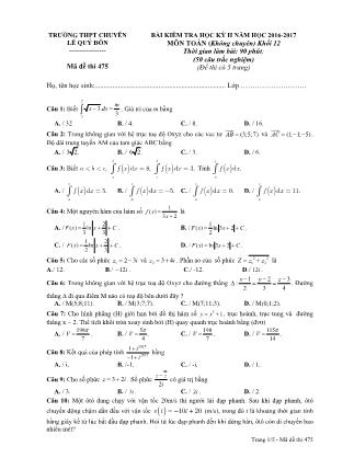 Đề kiểm tra môn Toán Lớp 12 - Học kì II - Đề số 1 - Năm học 2016-2017 - Trường THPT Lê Quý Đôn