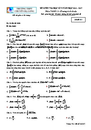 Đề kiểm tra môn Toán Lớp 12 - Học kì II - Đề số 11 - Năm học 2016-2017 - Trường THPT Chuyên Hạ Long