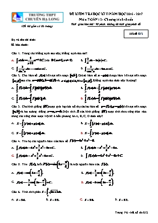 Đề kiểm tra môn Toán Lớp 12 - Học kì II - Đề số 12 - Năm học 2016-2017 - Trường THPT Chuyên Hạ Long