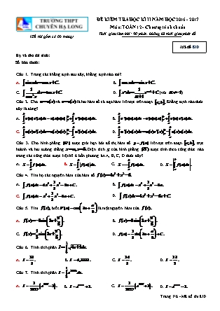 Đề kiểm tra môn Toán Lớp 12 - Học kì II - Đề số 14 - Năm học 2016-2017 - Trường THPT Chuyên Hạ Long
