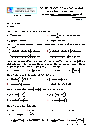 Đề kiểm tra môn Toán Lớp 12 - Học kì II - Đề số 17 - Năm học 2016-2017 - Trường THPT Chuyên Hạ Long