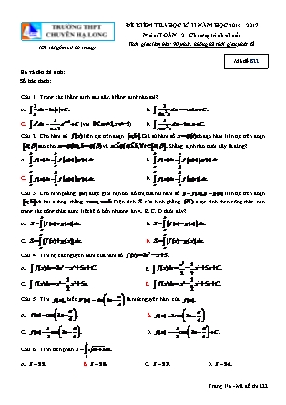 Đề kiểm tra môn Toán Lớp 12 - Học kì II - Đề số 2 - Năm học 2016-2017 - Trường THPT Chuyên Hạ Long