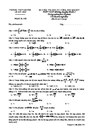 Đề kiểm tra môn Toán Lớp 12 - Học kì II - Đề số 2 - Năm học 2016-2017 - Trường THPT Lê Quý Đôn