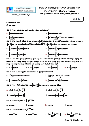 Đề kiểm tra môn Toán Lớp 12 - Học kì II - Đề số 3 - Năm học 2016-2017 - Trường THPT Chuyên Hạ Long