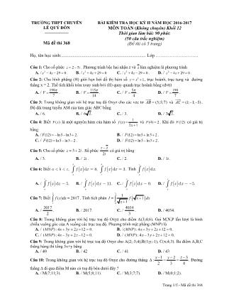 Đề kiểm tra môn Toán Lớp 12 - Học kì II - Đề số 3 - Năm học 2016-2017 - Trường THPT Lê Quý Đôn