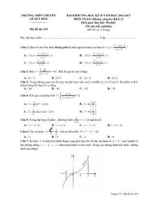 Đề kiểm tra môn Toán Lớp 12 - Học kì II - Đề số 5 - Năm học 2016-2017 - Trường THPT Lê Quý Đôn