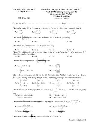 Đề kiểm tra môn Toán Lớp 12 - Học kì II - Đề số 7 - Năm học 2016-2017 - Trường THPT Lê Quý Đôn