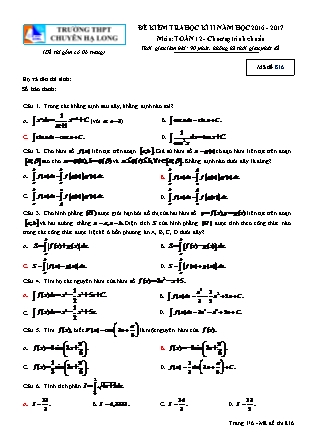 Đề kiểm tra môn Toán Lớp 12 - Học kì II - Đề số 8 - Năm học 2016-2017 - Trường THPT Chuyên Hạ Long