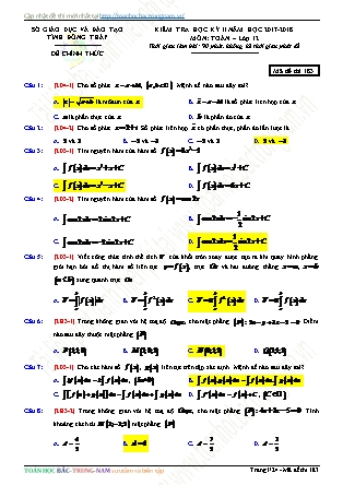 Đề kiểm tra môn Toán Lớp 12 - Học kì II - Mã đề thi 183 - Năm học 2017-2018