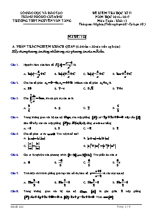 Đề kiểm tra môn Toán Lớp 12 - Học kì II - Năm học 2016-2017 - Trường THPT Nguyễn Văn Tăng