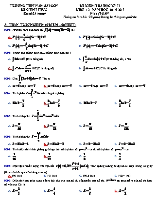 Đề kiểm tra môn Toán Lớp 12 - Học kì II - Năm học 2016-2017 - Trường THPT Nam Sài Gòn
