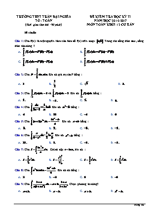 Đề kiểm tra môn Toán Lớp 12 - Học kì II - Năm học 2016-2017 - Trường THPT Trần Đại Nghĩa