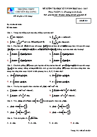 Đề kiểm tra môn Toán Lớp 12 - Học kì II - Năm học 2016-2017