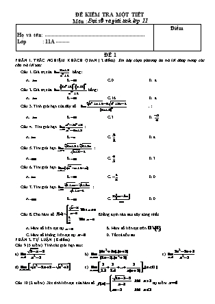 Đề kiểm tra một tiết môn Đại số Lớp 11