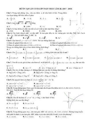 Đề Ôn tập Lần cuối Môn Toán Lớp 12 - Năm học 2017-2018