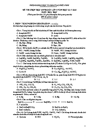 Đề thi chọn học sinhg iroi môn Hóa học Lớp 9 - Năm học 2017-2018 - Phòng giáo dục và đào tạo Phù Ninh