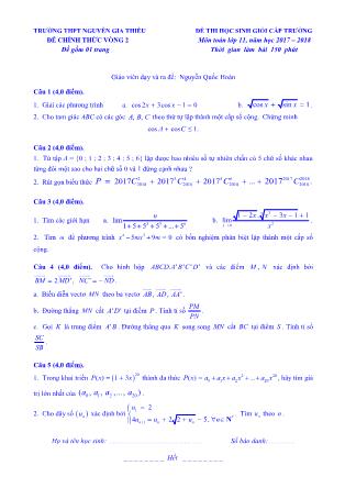 Đề thi học sinh giỏi cấp trường môn Toán Lớp 11 - Năm học 2017-2018 - Trường THPT Nguyễn Gia Thiêu