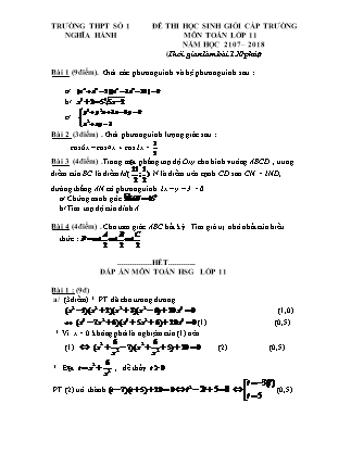 Đề thi học sinh giỏi cấp trường môn Toán Lớp 11 - Năm học 2017-2018 - Trường THPT Nghĩa Hành