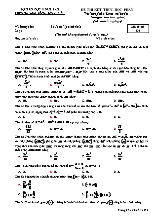 Đề thi kết thúc học phần môn Toán Lớp 12 - Học kì I - Đề số 1 - Trường Cao Đẳng Bách Việt