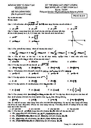 Đề thi khảo sát chất lượng môn Toán Lớp 12 - Mã đề thi số 19 - Năm học 2016-2017