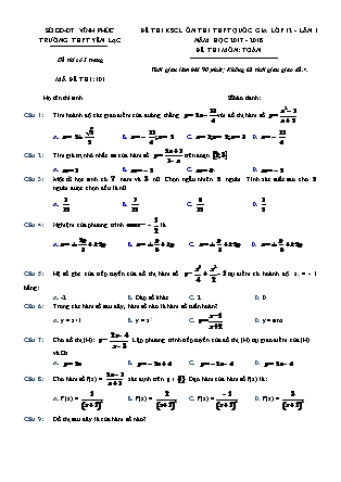 Đề thi khảo sát chất lượng Ôn thi Trung học phổ thông môn Toán Lớp 12 - Năm học 2017-2018 - Trường THPT Yên Lạc