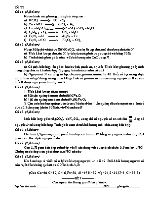 Đề thi môn Hóa học Lớp 8 - Đề số 22 (Chuẩn kiến thức)