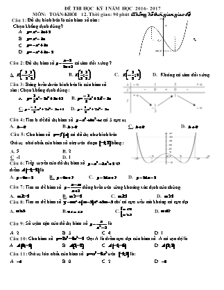 Đề thi môn Toán Lớp 12 - Học kì 1 - Năm học 2016-2017