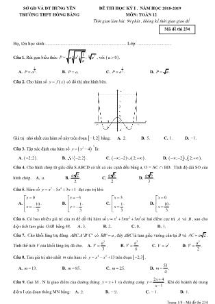 Đề thi môn Toán Lớp 12 - Học kì I - Đề số 1 - Năm học 2018-2019 - Trường THPT Hồng Bàng