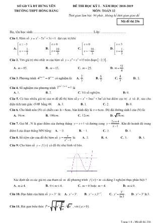 Đề thi môn Toán Lớp 12 - Học kì I - Đề số 2 - Năm học 2018-2019 - Trường THPT Hồng Bàng