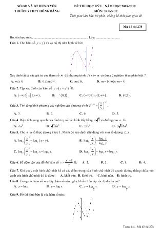 Đề thi môn Toán Lớp 12 - Học kì I - Đề số 3 - Năm học 2018-2019 - Trường THPT Hồng Bàng