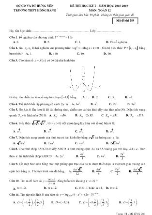 Đề thi môn Toán Lớp 12 - Học kì I - Đề số 4 - Năm học 2018-2019 - Trường THPT Hồng Bàng