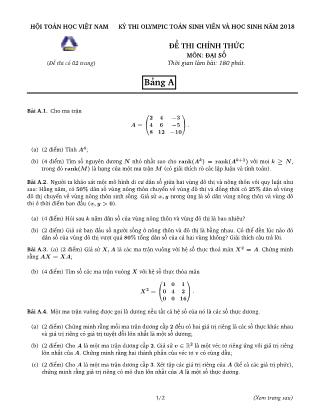 Đề thi Olympic Toán Đại số sinh viên và học sinh - Bảng A - Năm học 2017-2018