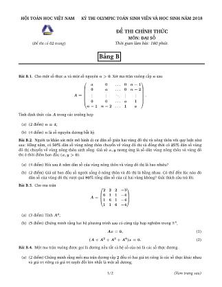 Đề thi Olympic Toán Đại số sinh viên và học sinh - Bảng B - Năm học 2017-2018