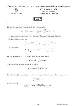 Đề thi Olympic Toán sinh viên và học sinh - Bảng A - Năm học 2017-2018