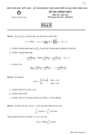 Đề thi Olympic Toán sinh viên và học sinh - Bảng B - Năm học 2017-2018