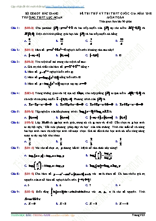 Đề thi thử kì thi Trung học phổ thông quốc gia môn Toán Lớp 12 - Trường THPT Lục Ngạn