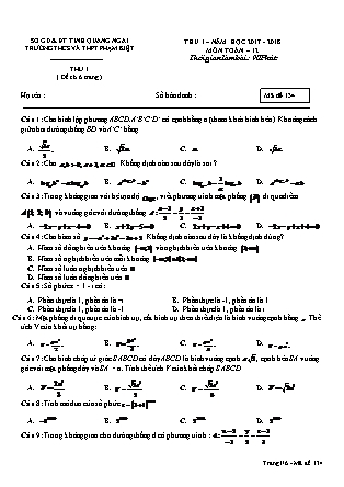 Đề thi thử môn Toán Lớp 12 - Đề số 1 - Năm học 2017-2018
