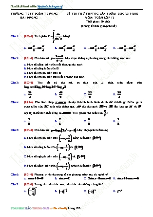 Đề thi thử Trung học phổ thông quốc gia Lần 1 môn Toán Lớp 12 - Năm học 2017-2018 - Trường THPT Đoàn Thượng