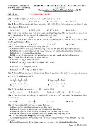 Đề thi thử Trung học phổ thông quốc gia lần 2 môn Toán Lớp 12 - Đề số 1 - Năm học 2017-2018 - Trường THPT Hậu Lộc 2
