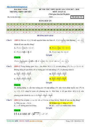Đề thi thử Trung học phổ thông quốc gia môn Toán Lớp 12 - Mã đề thi 132 - Năm học 2017-2018 (Kèm đáp án)