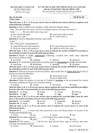 Đề thi Trung học phổ thông quốc gia môn Tiếng Anh - Đề số 1 - Năm học 2017-2018