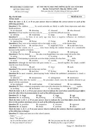 Đề thi Trung học phổ thông quốc gia môn Tiếng Anh - Đề số 14 - Năm học 2017-2018