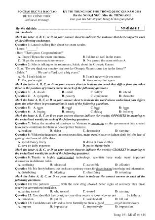 Đề thi Trung học phổ thông quốc gia môn Tiếng Anh - Đề số 15 - Năm học 2017-2018