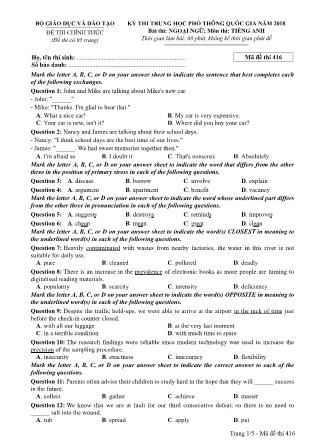 Đề thi Trung học phổ thông quốc gia môn Tiếng Anh - Đề số 16 - Năm học 2017-2018