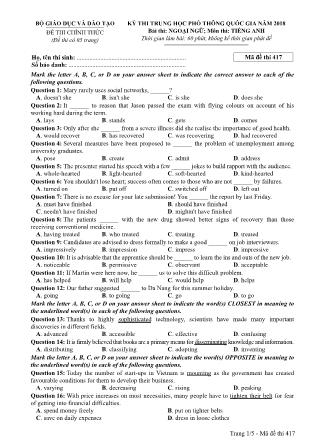 Đề thi Trung học phổ thông quốc gia môn Tiếng Anh - Đề số 17 - Năm học 2017-2018