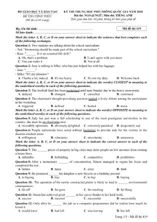 Đề thi Trung học phổ thông quốc gia môn Tiếng Anh - Đề số 19 - Năm học 2017-2018