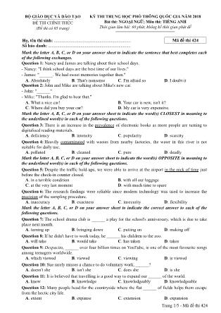 Đề thi Trung học phổ thông quốc gia môn Tiếng Anh - Đề số 24 - Năm học 2017-2018