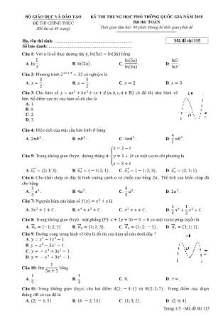 Đề thi Trung học phổ thông quốc gia môn Toán học Lớp 12 - Đề số 15 - Năm học 2017-2018