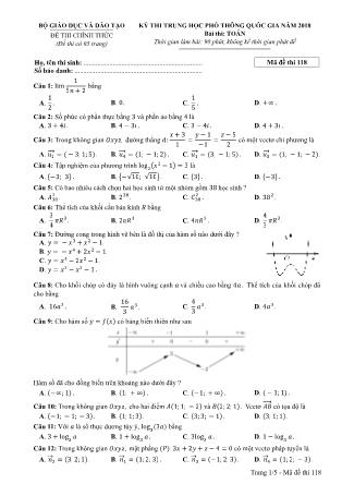 Đề thi Trung học phổ thông quốc gia môn Toán học Lớp 12 - Đề số 18 - Năm học 2017-2018